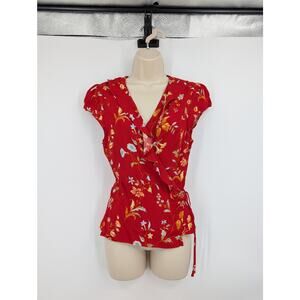 Reformation Red Floral Ruffle Wrap Top